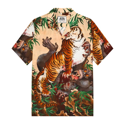 Tiger Japanese Pattern Camp Collar Short Sleeve Shirt