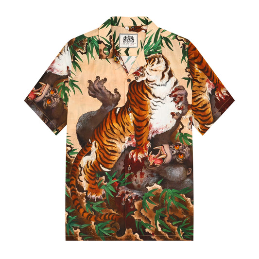 Tiger Japanese Pattern Camp Collar Short Sleeve Shirt