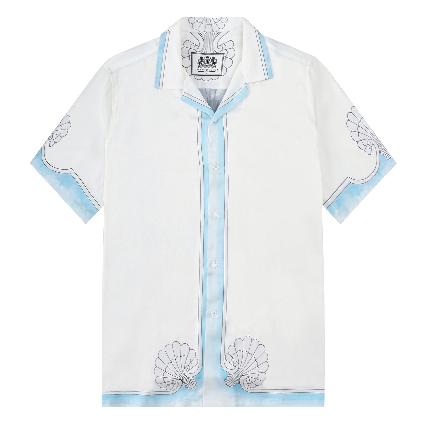 Blue Seahorse Shell Pattern Camp Collar Short Sleeve Shirt