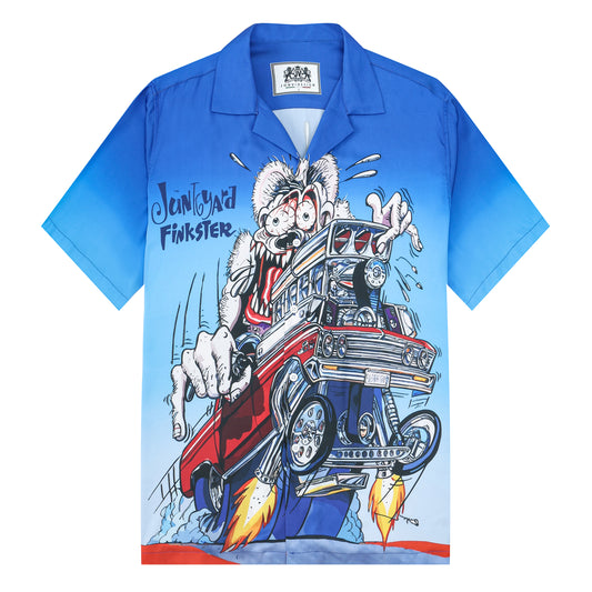 Blue Gradient Mouse Print Camp Collar Short Sleeve Shirt