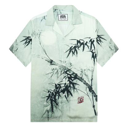 Retro Bamboo Print Design Camp Collar Short Sleeve Shirt