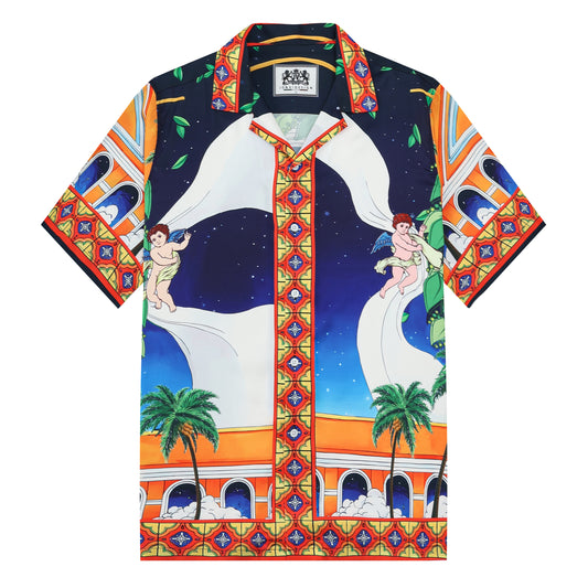 Olive Branch Arched Door Pattern Camp Collar Casual Shirt