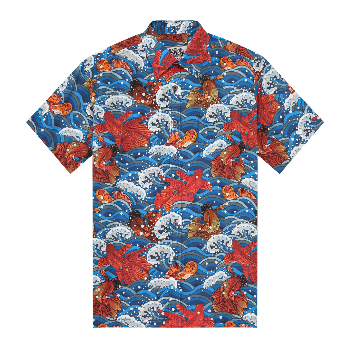 Sailboat Wave Koi Fish Pattern Button Short Sleeve Shirt