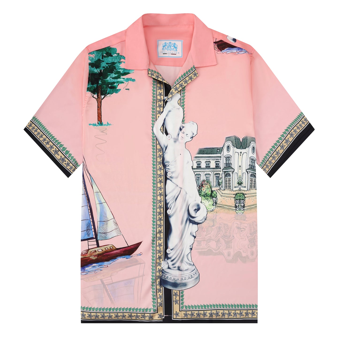Pink Goddess Statue Pattern Camp Collar Casual Shirt