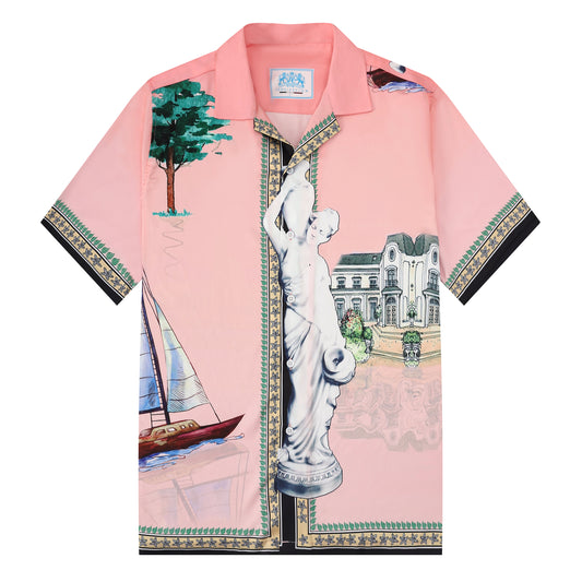 Pink Goddess Statue Pattern Camp Collar Casual Shirt