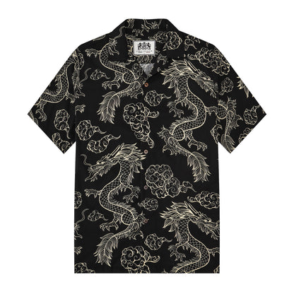 Dragon Pattern Button Short Sleeve Shirt in Black