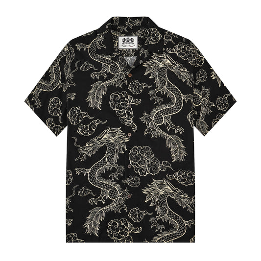Dragon Pattern Button Short Sleeve Shirt in Black