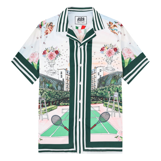 Tennis Court Cat Print Short Sleeve Camp Collar Shirt