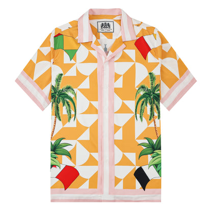 Retro Palace Tennis Coconut Tree Silk Fiber Short Sleeve Camp Collar Shirt