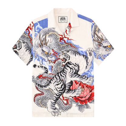 Dragon Tiger Pattern Cotton Button Short Sleeve Shirt