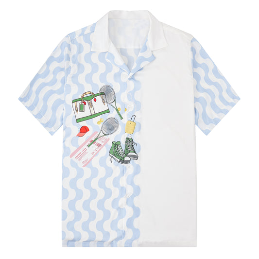 Tennis Element Print Short Sleeve Camp Collar Shirt