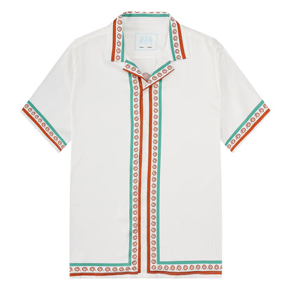 Tropical Tiki Statue Pattern Short Sleeve Camp Collar Shirt in White