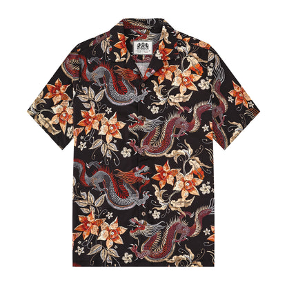 Dragon Floral Pattern Button Short Sleeve Shirt
