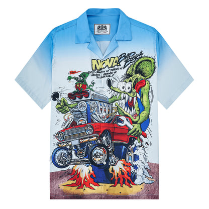 Blue Gradient Mouse Modified Car Print On Black Background Camp Collar Short Sleeve Shirt