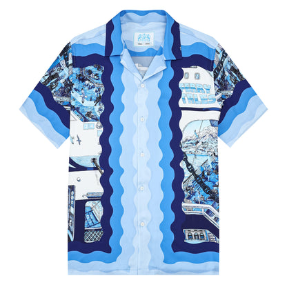 Blue Ferry Pattern Camp Collar Casual Shirt for Men Jonvidesign