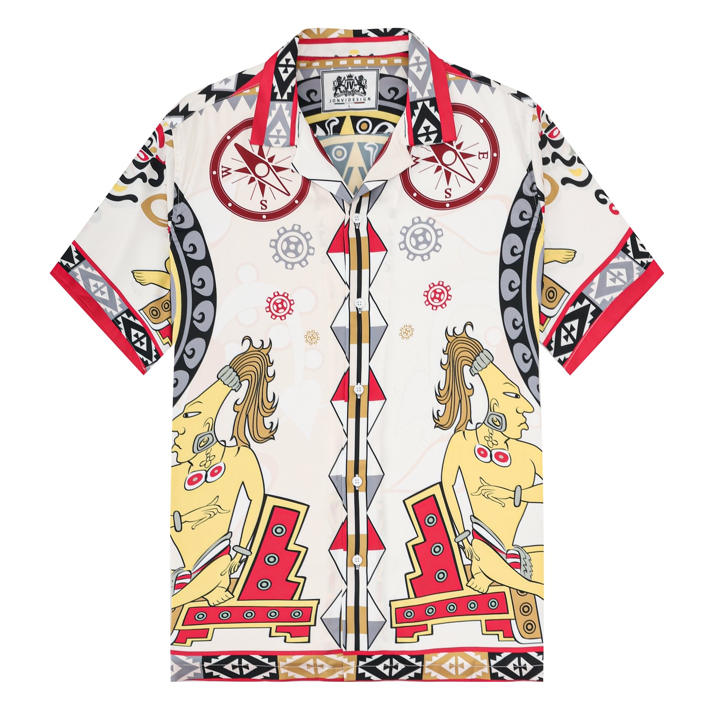 Maya Warrior Tiki Statue Pattern Short Sleeve Camp Collar Shirt