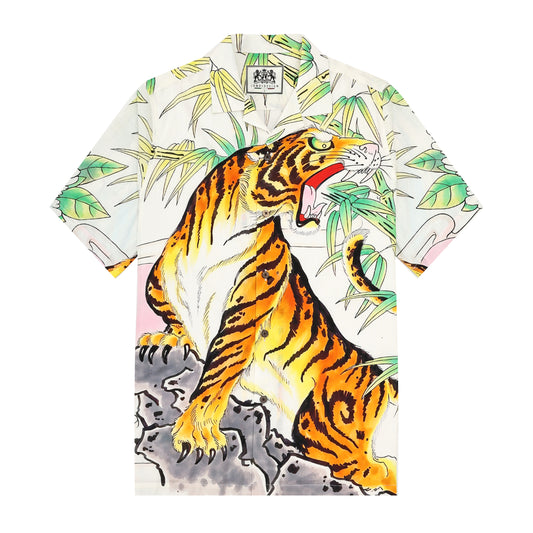 Japanese Forest Tiger Printed Camp Collar Short Sleeve Shirt