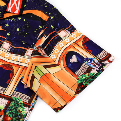 Starry Horse Racing Pattern Silk Fiber Short Sleeve Camp Collar Shirt