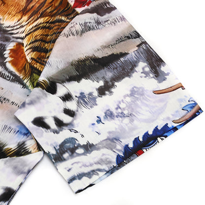 Tiger Dragon Pattern Button Camp Collar Short Sleeve Shirt