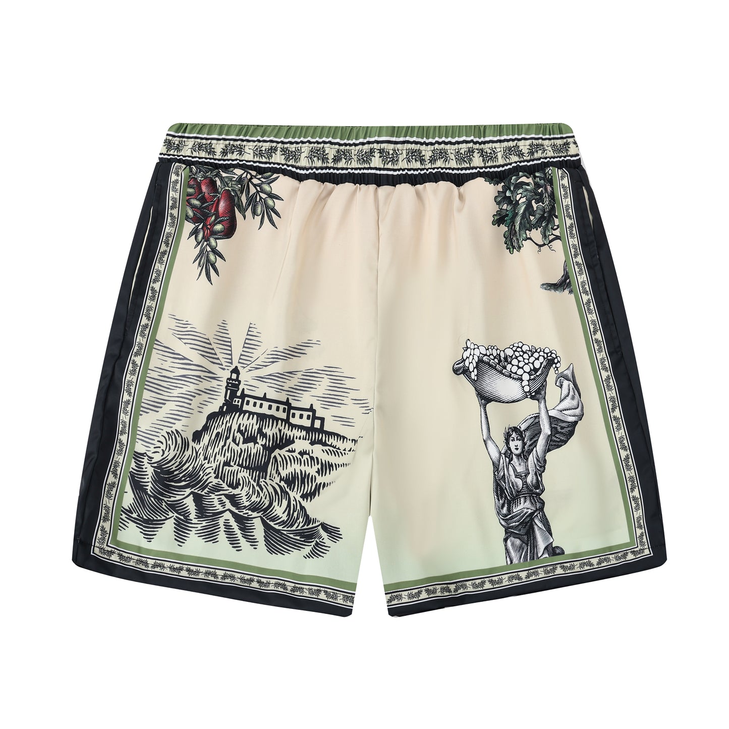 Greek Statue Olive Branch Pattern Silk Fiber Waistband Shorts