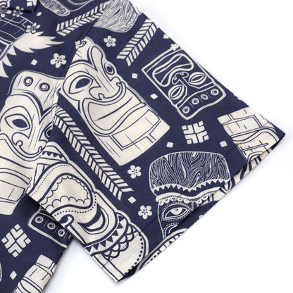 Tiki Statue Pattern Short Sleeve Camp Collar Shirt