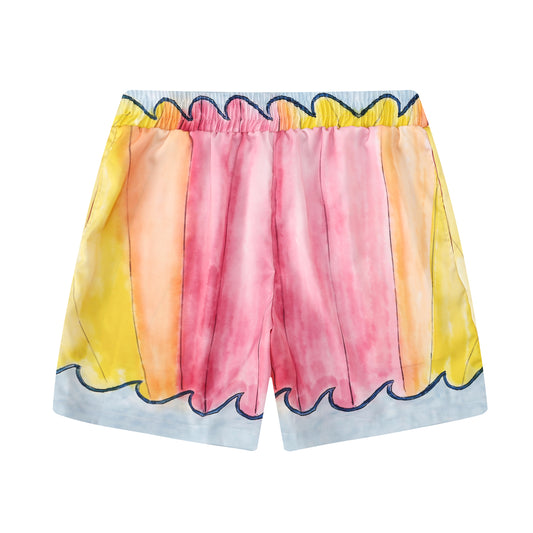 Orange Floral Pattern Silk Fiber Waistband Shorts