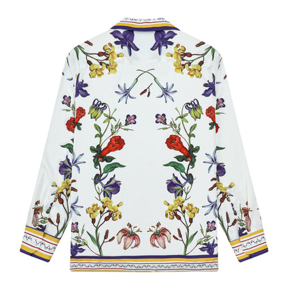 Purple Floral Pattern Long Sleeve Camp Collar Shirt for Men