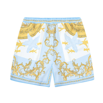 Baroque Floral Pattern Waistband Shorts in Blue