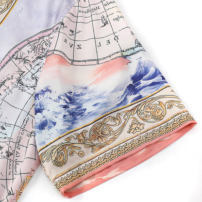 Baroque Globe Pattern Print Short Sleeve Camp Collar Shirt