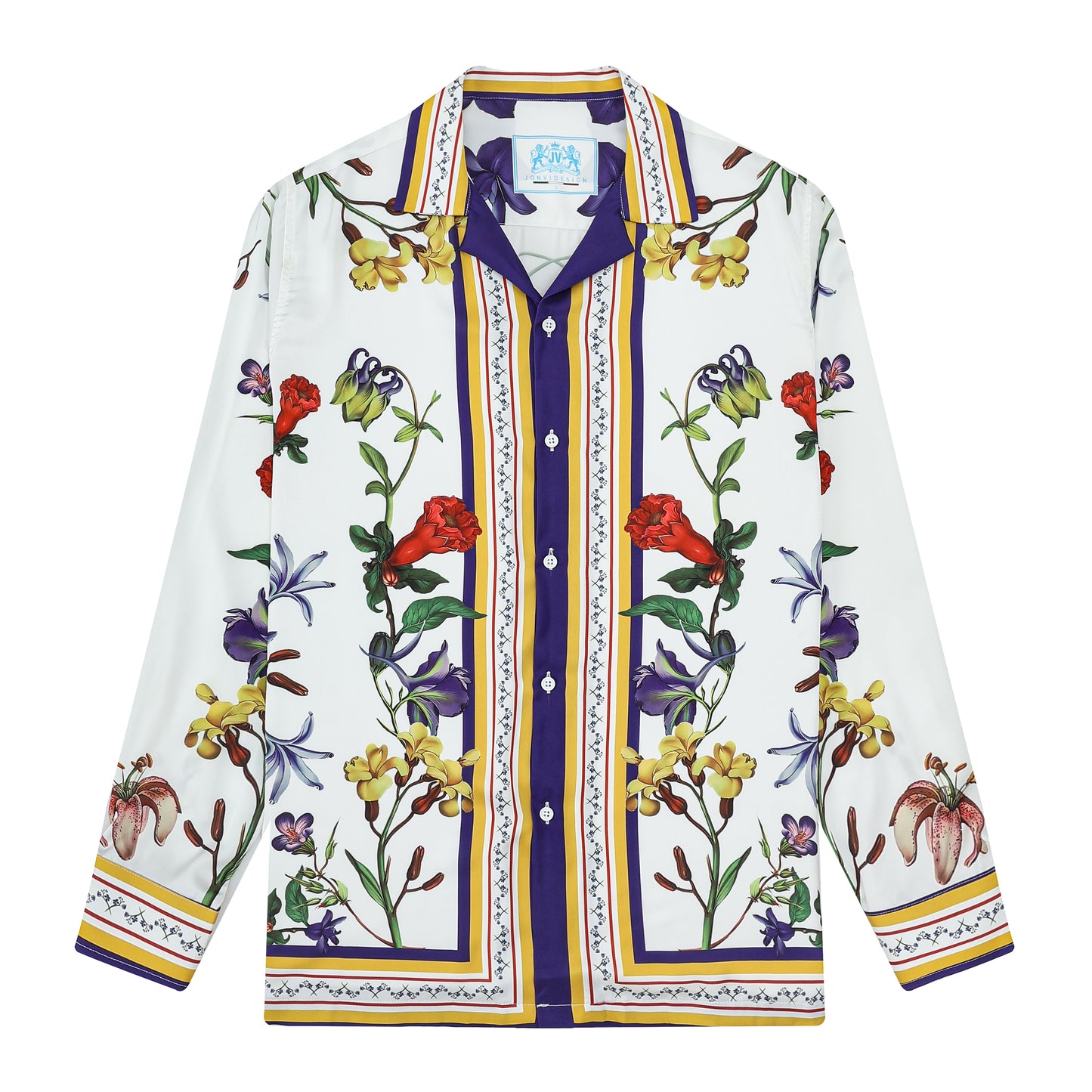 Purple Floral Pattern Long Sleeve Camp Collar Shirt for Men