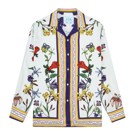 Purple Floral Pattern Long Sleeve Camp Collar Shirt for Men