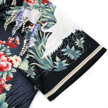 Ukiyo-e Floral Crane Printed Camp Collar Short Sleeve Shirt