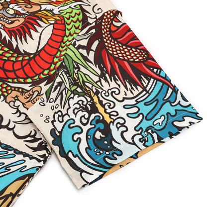 Japanese Tiger Dragon Printed Camp Collar Short Sleeve Shirt