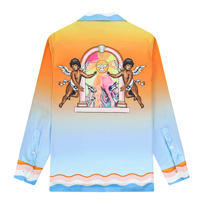 Angel Sun Pattern Camp Collar Long Sleeve Shirt