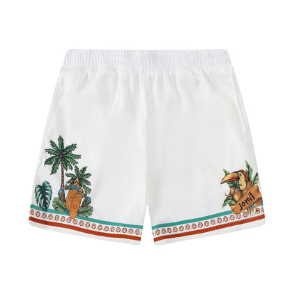Festival Outfit Tropical Tiki Statue Pattern Waistband Shorts in White