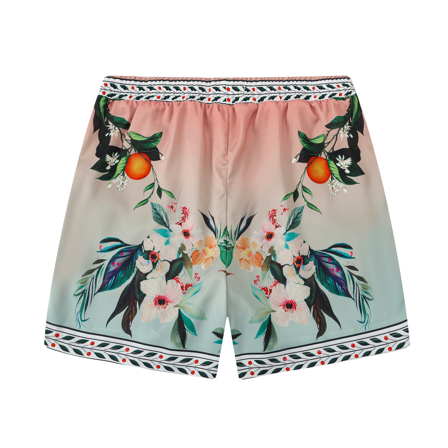 Orange Floral Pattern Silk Fiber Waistband Shorts