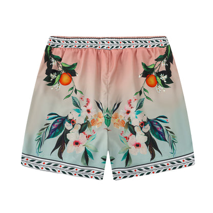 Orange Floral Pattern Silk Fiber Waistband Shorts