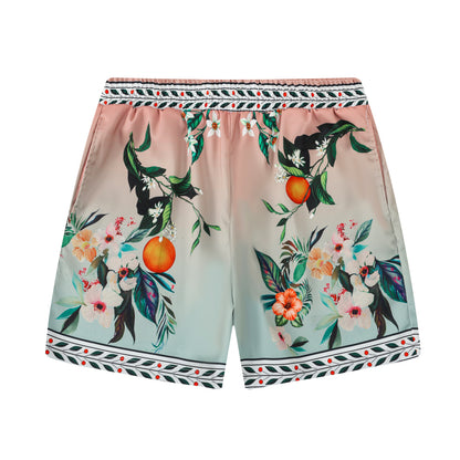 Orange Floral Pattern Silk Fiber Waistband Shorts