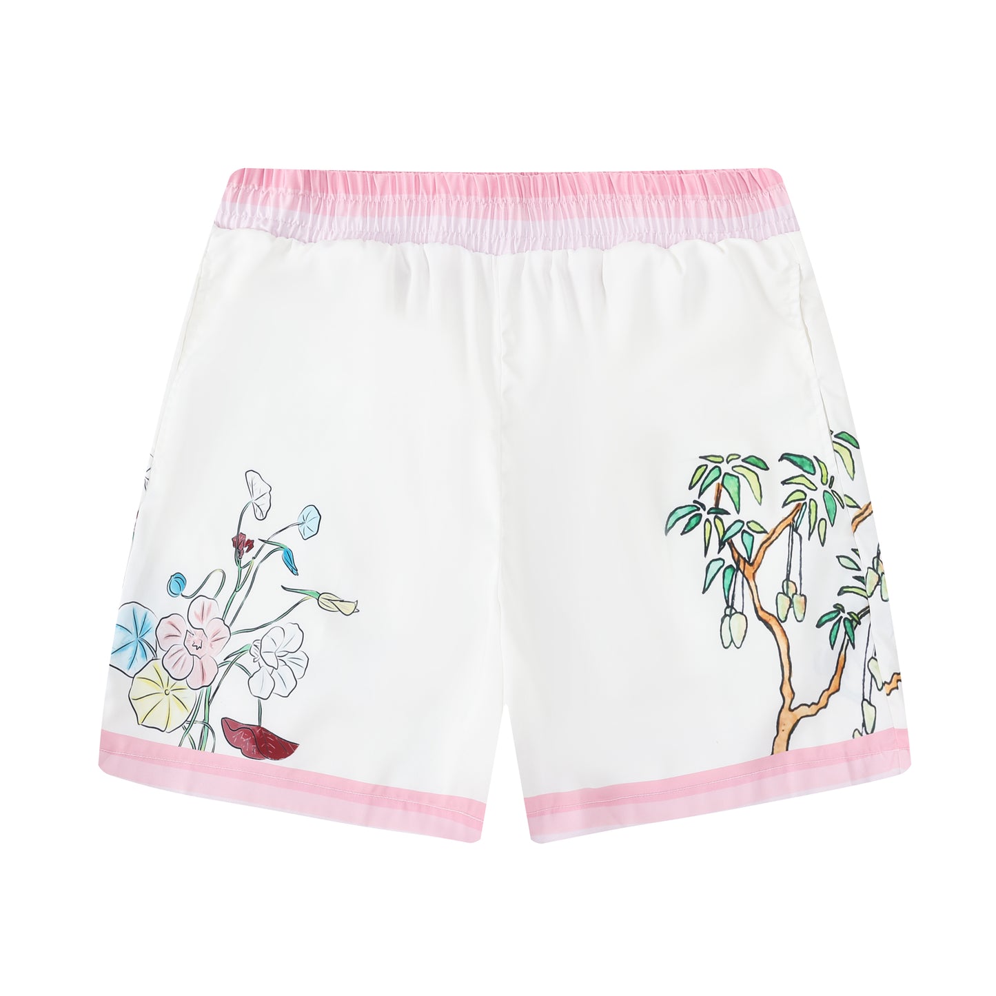 Tropical Tiki Statue Floral Pattern Waistband Shorts in Pink