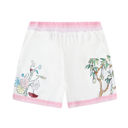 Tropical Tiki Statue Floral Pattern Waistband Shorts in Pink