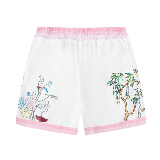 Tropical Tiki Statue Floral Pattern Waistband Shorts in Pink