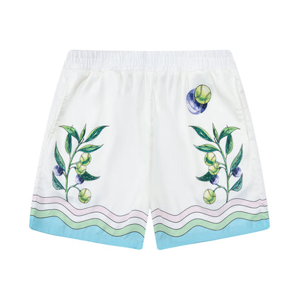 Tennis Plant Summer Pattern Silk Fiber Waistband Shorts