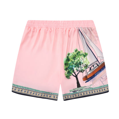 Pink Goddess Statue Pattern Elastic Waist Summer Casual Shorts