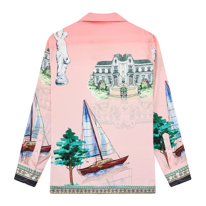 Pink Goddess Statue Pattern Camp Collar Long Sleeve Shirt