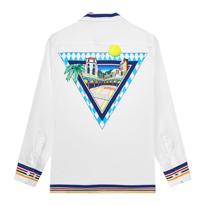 Western Architecture Print Camp Collar Long Sleeve Shirt