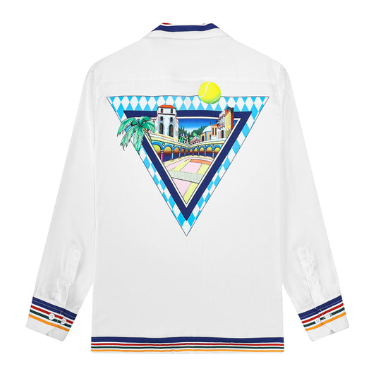 Western Architecture Print Camp Collar Long Sleeve Shirt
