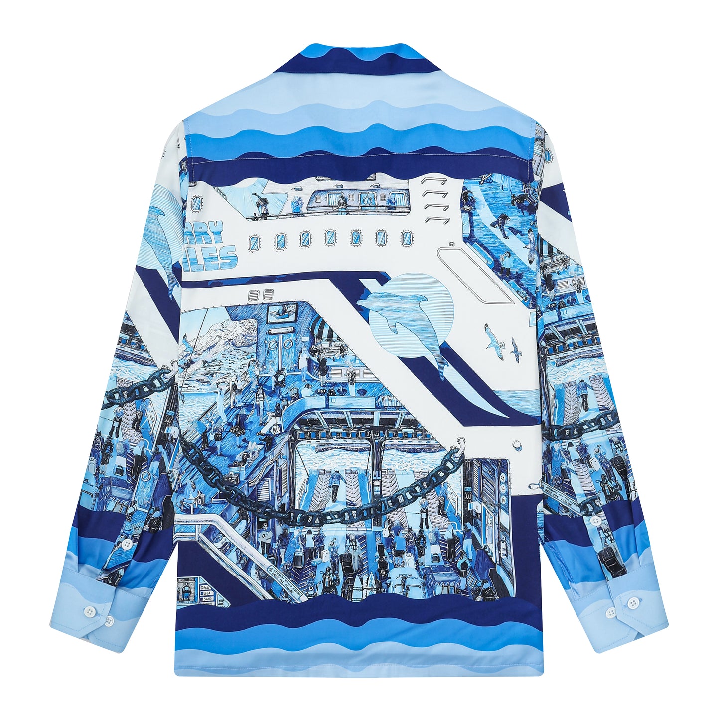 Blue Ferry Pattern Camp Collar Casual Long Sleeve Camp Collar Shirt for Men