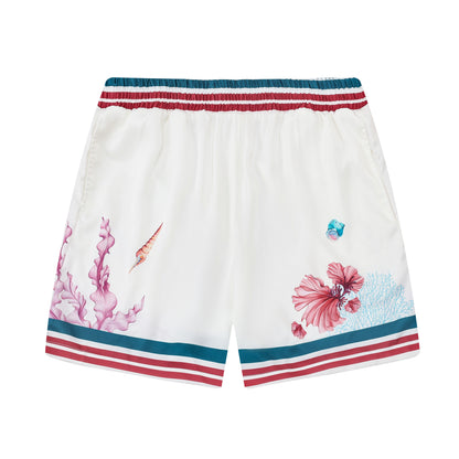 Coral Reef Seahorse Pattern Silk Fiber Waistband Shorts