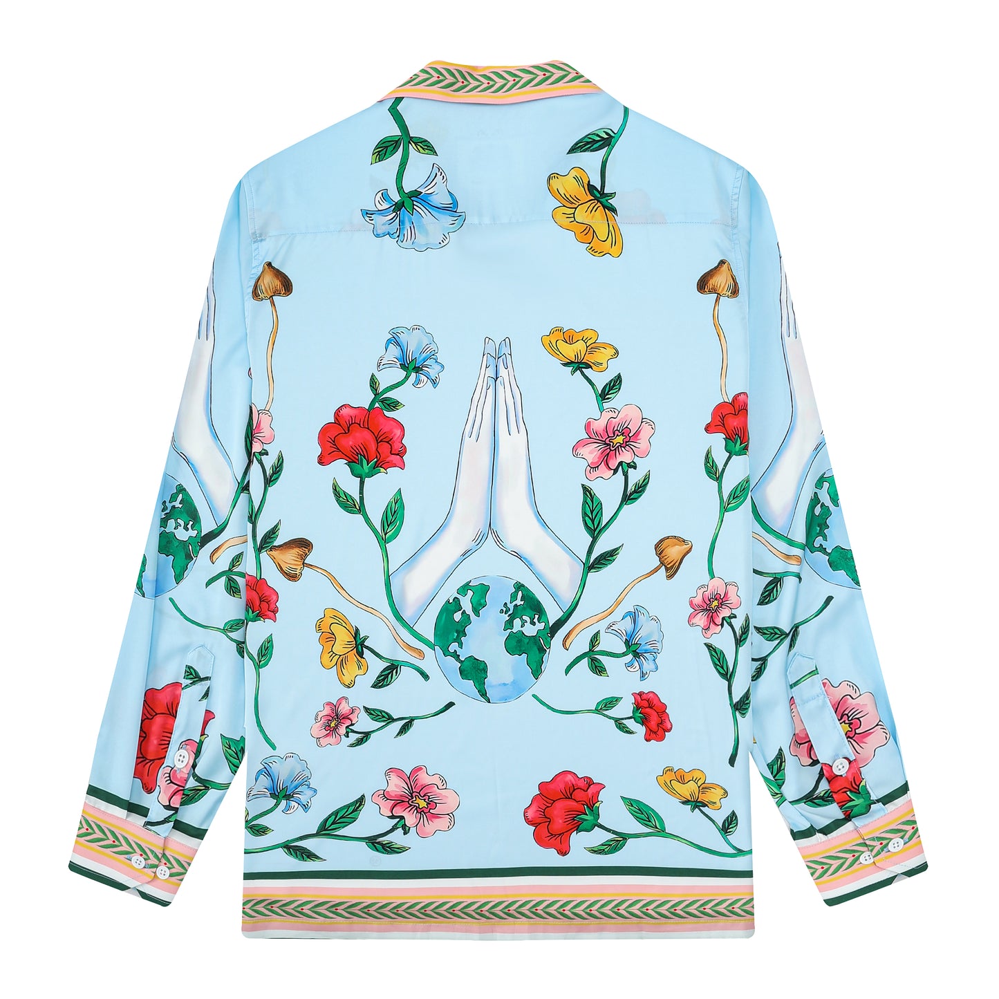 Natural Flower Pattern Camp Collar Long Sleeve Shirt in Blue