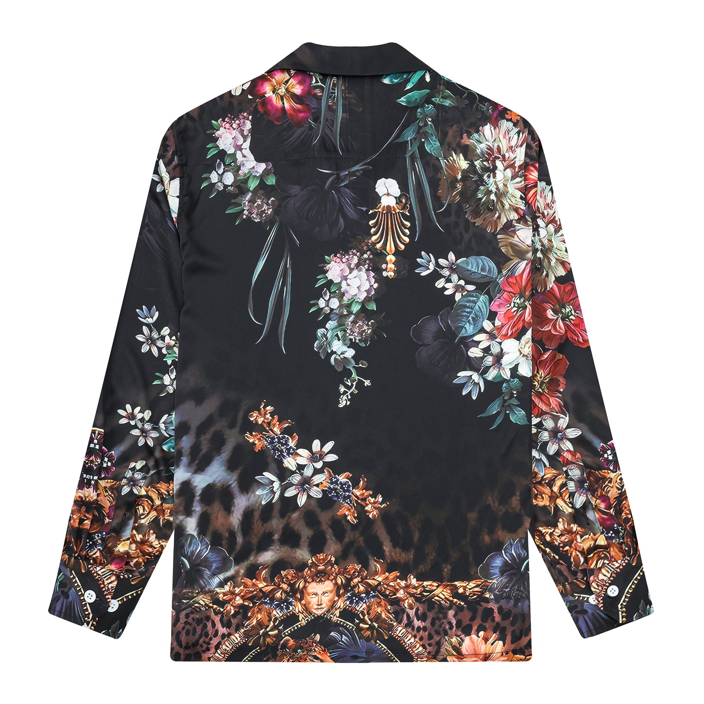 Leopard Printed Floral Camp Collar Long Sleeve Shirt